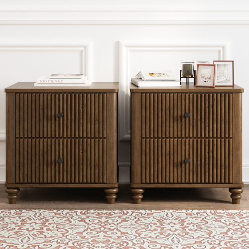 Fluted Nightstand 2-Piece Set, 21.65" Wide Side Table with 3 Drawers, Mid Century Modern Wood NightStand with Metal Handle, Wooden Bedside End Table for Bedroom, Living Room, Closet, Walnut - MDF+Metal,Rubber Wood - Drawer Storage - Not Specified - Primary Living Space - Not Specified