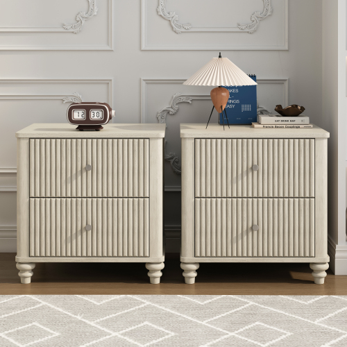 Fluted Nightstand 2-Piece Set, 21.65" Wide Side Table with 3 Drawers, Mid Century Modern Wood NightStand with Metal Handle, Wooden Bedside End Table for Bedroom, Living Room, Closet, Beige - MDF+Metal,Rubber Wood - Not Specified - Not Specified - Primary Living Space - Not Specified