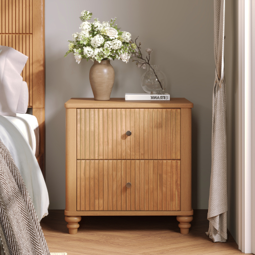 Fluted Nightstand, 21.65" Wide Side Table with 3 Drawers, Mid Century Modern Wood NightStand with Metal Handle, Wooden Bedside End Table for Bedroom, Living Room, Closet, Natural - MDF+Metal,Rubber Wood - Not Specified - Not Specified - Not Specified - Not Specified