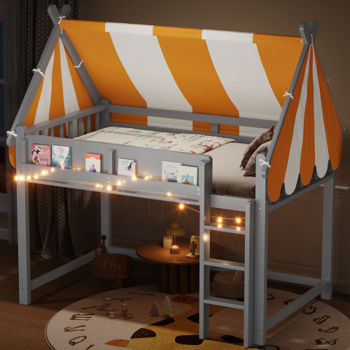 Full Size Loft Bed with Canopy, LED Lights & Book Shelf, Gray - Wood