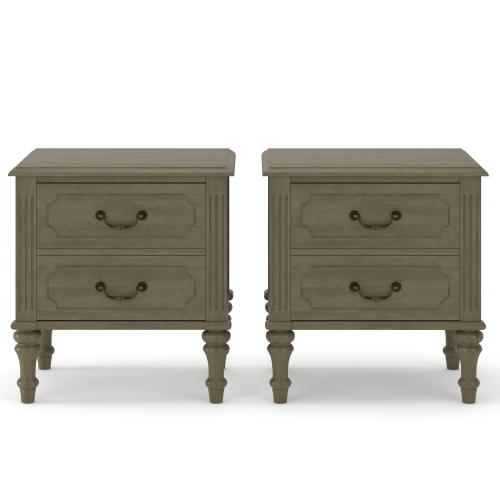 Fluted Nightstand 2-Piece Set  21.02" Wide Side Table with 2 Drawers, Mid Century Modern Wood NightStand with Metal Handle Wooden Bedside End Table for Bedroom Antique Bronze - Rubber,Solid Wood - Not Specified - Not Specified - Rubberwood - Not Specified - Not Specified