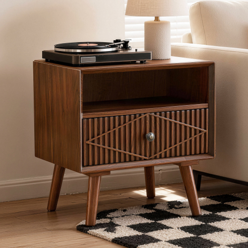 22" Mid-Century Modern Wood Nightstand with Carved Geometric Drawer Front, 1 Drawer and Open Shelf, Solid Wood Legs, Bedside Table for Bedroom - Walnut - Solid Wood+MDF - Rubberwood - Farmhouse - Easy Assembly - Bedside Cabinet - Walnut - Primary Living Space - Rubberwood