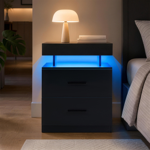 Nightstand LED Bedside Table Cabinet Lights Modern End Side with 2 Fabric Drawers for Bedroom (Black) - Particle Board - 2 Drawers - Storage - Bedside Cabinet
