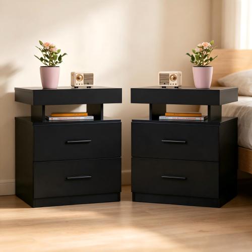 LED Nightstand Set of 2 Bedside Table Cabinet Lights Modern End Side with 2 Fabric Drawers for Bedroom (Black) - Particle Board - 2 Drawers - Storage - Bedside Cabinet