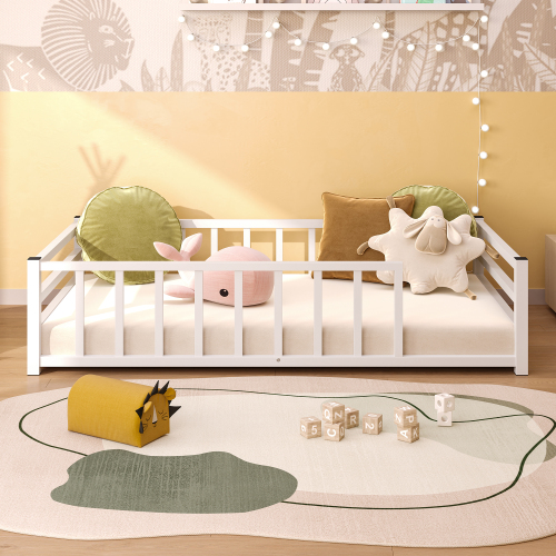 Twin Size Floor Bed, Low Profile Metal Platform with Heavy Duty Guardrails, No Box Spring Needed, White - Twin Size-White - Bedroom - Bed Frame - Box Spring Not Required - Not Specified