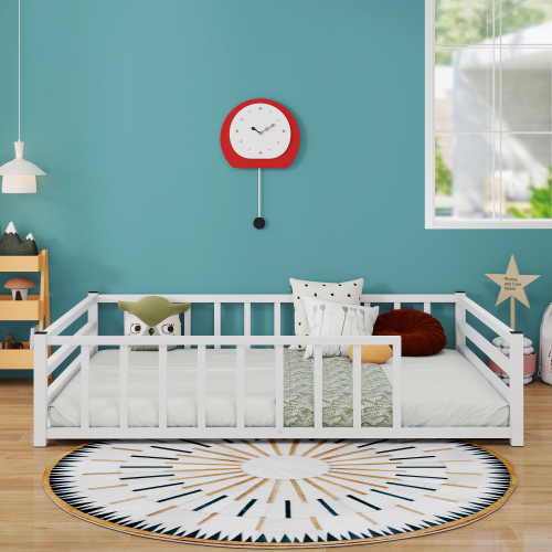 Full Size Floor Bed, Low Profile Metal Platform with Heavy Duty Guardrails, No Box Spring Needed, White - Full Size-White - Bedroom - Bed Frame - Box Spring Not Required - American Design