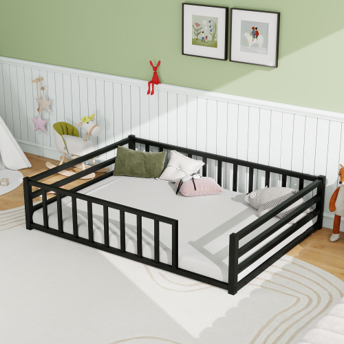 Full Size Floor Bed, Low Profile Metal Platform with Heavy Duty Guardrails, No Box Spring Needed, Black - Full Size-Black - Bedroom - Bed Frame - Box Spring Not Required - American Design