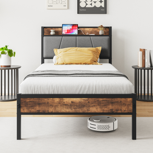 Twin Size Bed Frame, Storage Headboard with Charging Station, Solid and Stable, No Box Spring Needed, Easy Assembly - Black - Metal & Wood - Bedroom - Box Spring Not Required - Brown - Iron - Brown