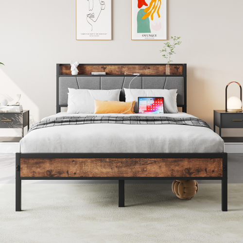 Full Size Bed Frame, Storage Headboard with Charging Station, Solid and Stable, No Box Spring Needed, Easy Assembly,Vintage Brown and Gray - Black - Metal & Wood - Bedroom - Box Spring Not Required - Iron