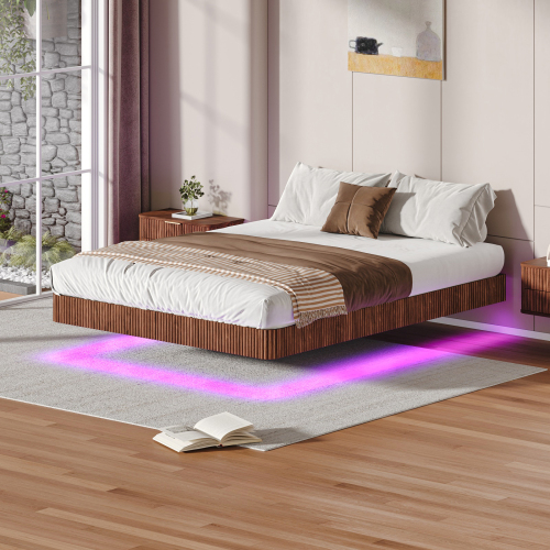 Walnut Queen Floating Bed Frame with LED Lights, Wave Curve Wood Texture Bed with Heavy Duty Metal Slats - No Box Spring Needed. - MDF+Steel