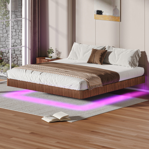 Walnut King Floating Bed Frame with LED Lights, Wave Curve Wood Texture Bed with Heavy Duty Metal Slats - No Box Spring Needed. - MDF+Steel