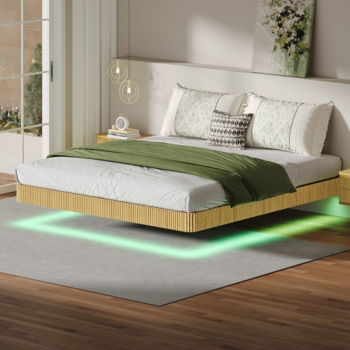 Oak King Floating Bed Frame with LED Lights, Wave Curve Wood Texture Bed with Heavy Duty Metal Slats - No Box Spring Needed. - MDF+Steel