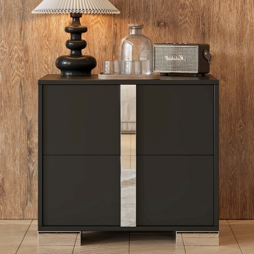 Elegant Nightstand with Metal Foot, Mirrored Bedside Table with 2 Drawers for Bedroom, Living Room, Black - MDF+Metal