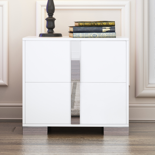 Elegant Nightstand with Metal Foot, Mirrored Bedside Table with 2 Drawers for Bedroom, Living Room, White (Old SKU: WF319353AAK) - MDF+Metal