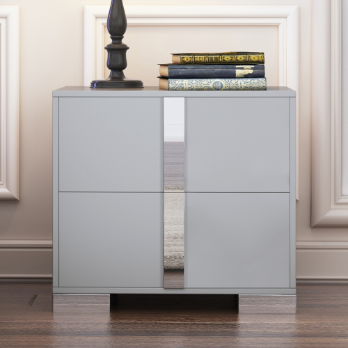 Elegant Nightstand with Metal Foot, Mirrored Bedside Table with 2 Drawers for Bedroom, Living Room, Gray (Old SKU: WF319353AAE) - MDF+Metal