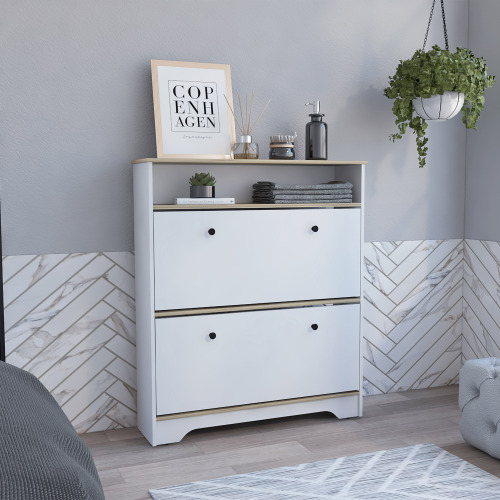 Calgary Shoe Rack, Superior Top, One Open Shelf, Two Extendable Shelves -Light Oak / White - Multicolor - Particle Board - Particle Board - Not Specified - Not Specified