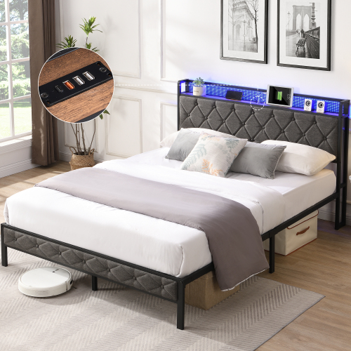 Full Bed Frame with Storage Headboard, Charging Station and LED Lights, Upholstered Platform Bed with Heavy Metal Slats, No Box Spring Needed, Noise Free, Easy Assembly, Dark Gray - Bedroom - Box Spring Not Required