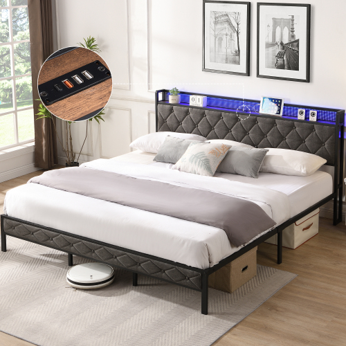 King Bed Frame with Storage Headboard, Charging Station and LED Lights, Upholstered Platform Bed with Heavy Metal Slats, No Box Spring Needed, Noise Free, Easy Assembly, Dark Gray - Bedroom - Box Spring Not Required