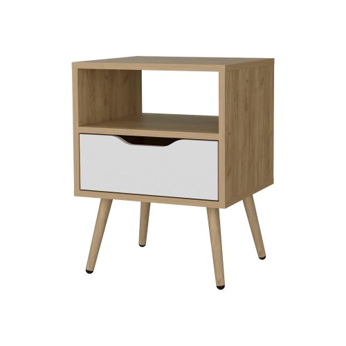 Natural Oak and White Nightstand with Open Storage - Natural Wood - Particle Board - 1 Drawer - Drawers - With Legs - Bedroom