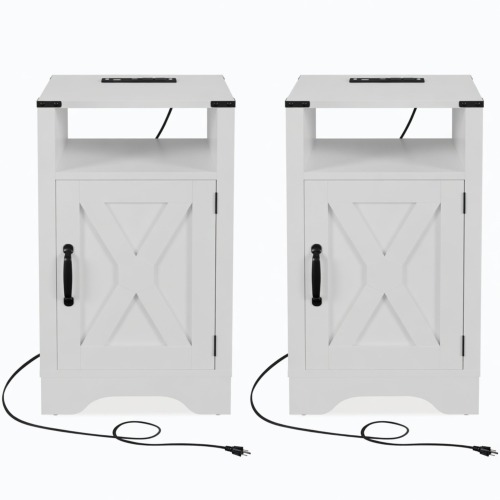 Set of 2, 16" White Farmhouse Nightstand w/ Charging Station & Storage - Metal & Wood - Engineered Wood - Metal & Wood