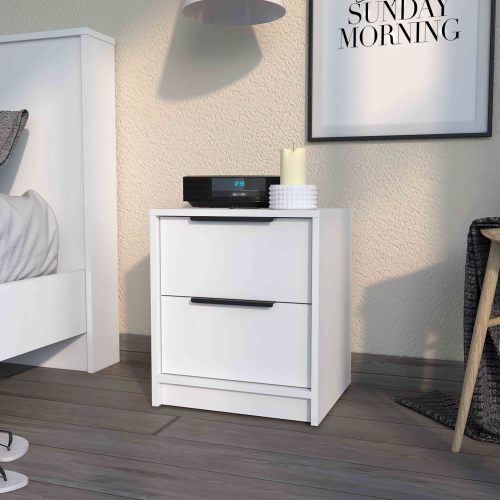 Washington Nightstand, Two Large Drawers - White - Particle Board - Melamine - Contemporary - 2 Drawers - Bedroom - Storage - Bedside Cabinet - Pine