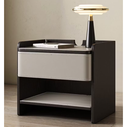 Modern Nightstand with Saddle Leather Finish Silent Drawer Rails - Black