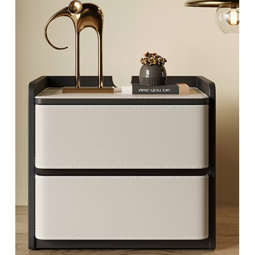Modern Nightstand with Saddle Leather Finish Silent Drawer Rails 2 Drawers - Black