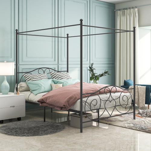 Metal Canopy Bed Frame with Vintage Style Headboard & Footboard , Easy DIY Assembly All Parts Included, Queen Black(same as 748G-BK) - Bedroom - Box Spring Not Required - Queen Size - bedroom - Not Specified