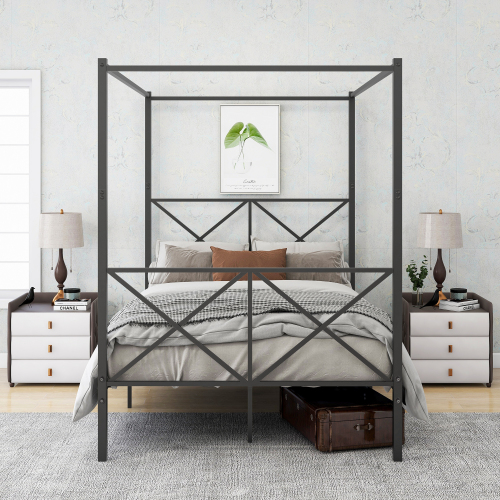 Metal Canopy Bed Frame, Platform Bed Frame with X Shaped Frame Full Black - Not Specified - Not Specified - Not Specified - Not Specified - Not Specified - Full Size - Not Specified - Not Specified
