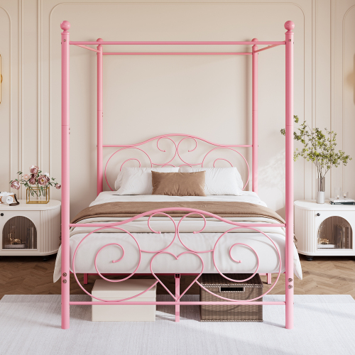 Metal Canopy Bed Frame with Vintage Style Headboard & Footboard, Easy Assembly All Parts Included, Queen Pink - Bedroom - Box Spring Not Required - Queen Size - Not Specified