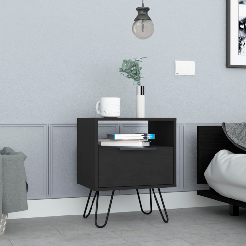 Nightstand 22"H, One Open Shelf, Single Door Cabient, Hairpin Legs, Black - Particle Board - Particle Board