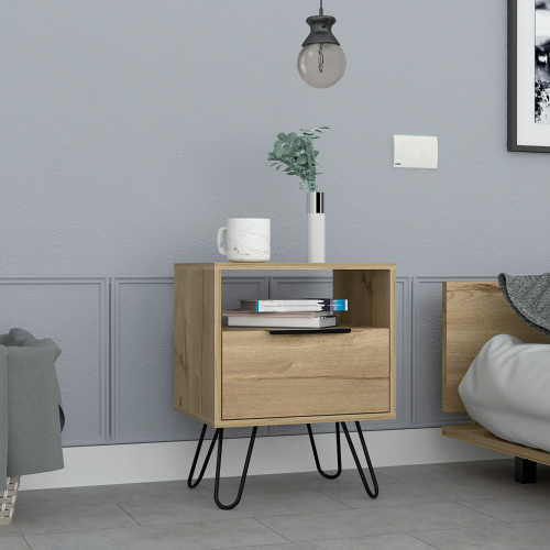 Nightstand 22"H, One Open Shelf, Single Door Cabient, Hairpin Legs, Light Oak - Beige - Particle Board - Particle Board