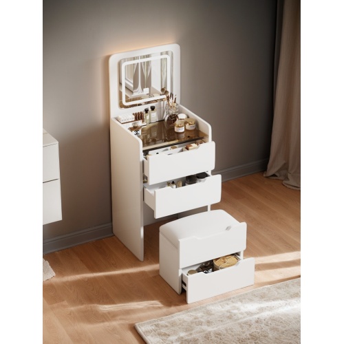 ( 48CM ) 3 in 1 Vanity Desk with Plip Top Mirror, Small Make Up Vanity Set with Visible Glass Desktop, Compact Makeup Vanity with 3 Drawers, Dressing Table for Bedroom ( WHITE COLOR ) - MDF+glass - MDF - Modern