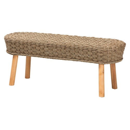 Modern Bohemian Natural Seagrass and Acacia Wood Accent Bench - Brown - Wicker