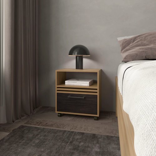 Natural Oak Nightstand with a Drawer and Open Storage - Natural Wood - Particle Board - 1 Drawer - Shelf - Primary Living Space