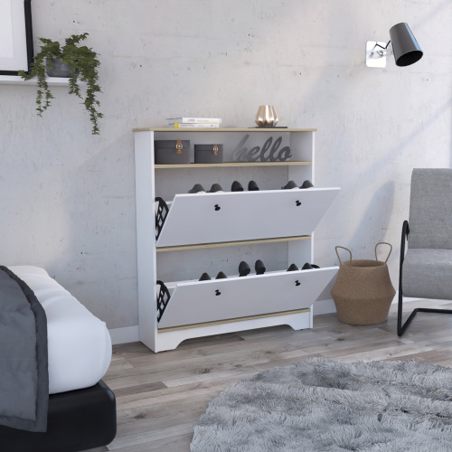 Shoe Rack Dublin, One Open Shelf, Two Extendable Cabinets, Light Oak / White Finish - Particle Board