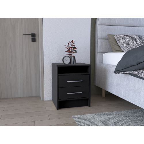 Greter 24"  Two-Drawer Night Stand  With open shelf - Black - Particle Board - Not Specified - Modern - 2 Drawers - Not Specified - Rectangle - Bedroom