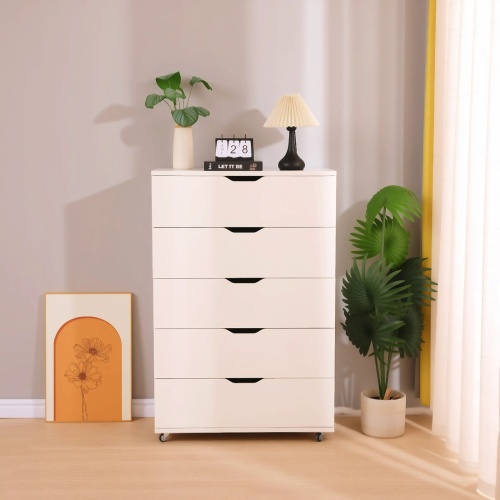 White 5-Drawer Dresser with Wheels – Modern Storage Cabinet - Wood