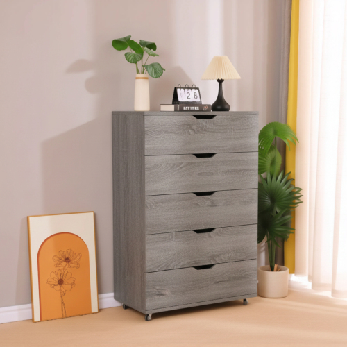 Gray 5-Drawer Dresser with Wheels – Modern Storage Cabinet - Wood