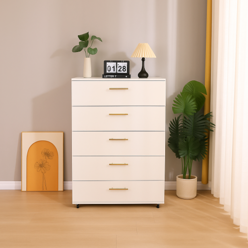 White 5-Drawer Dresser with handles – Modern Storage Cabinet - Wood - Cute - Bedroom
