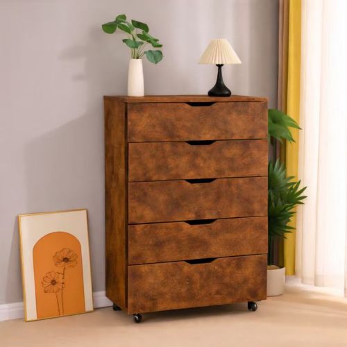 5 Drawer Dresser on Wheels Rustic Brown Rolling Chest of Drawers Mobile Storage Cabinet for Bedroom Closet, Wide Drawer Organizer, 30.71" W x 15.75" D x 44.49" H - Wood