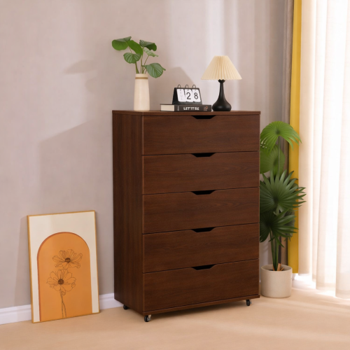 5 Drawer Dresser on Wheels Dark Brown Rolling Chest of Drawers Mobile Storage Cabinet for Bedroom Closet, Wide Drawer Organizer, 30.71" W x 15.75" D x 44.49" H - Wood