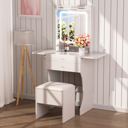 Vanity Set for Small Bedrooms - Small Space Makeup Vanity with Stool, Compartmentalized Drawers & 20cm Foldable Side Tables (Left and Right) - White - MDF