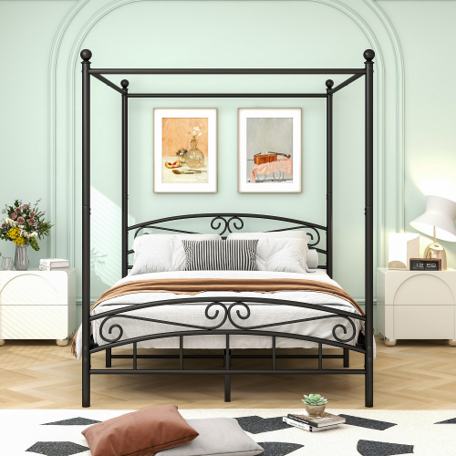 Queen Size Metal Canopy Bed Frame with Headboard and Footboard Black - Bedroom - Box Spring Not Required