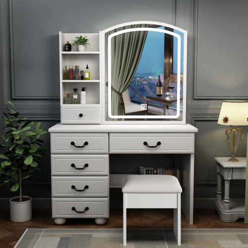 Fashion Vanity Desk with Mirror and Lights for Makeup, Vanity Mirror with Lights and Table Set with 3 Color Lighting Brightness Adjustable, 6 Drawers, White Color - MDF - Not Specified - Not Specified - Not Specified - Not Specified - Not Specified