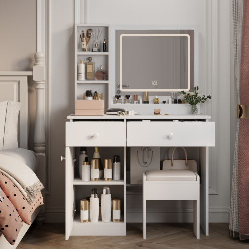 Fashion Vanity Desk with Mirror and Lights for Makeup, Vanity Mirror with Lights and Table Set with 3 Color Lighting Brightness Adjustable, 2 big Drawers, White Color - MDF - Not Specified - Not Specified - Not Specified - Not Specified - Not Specified