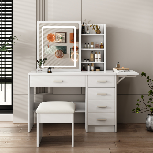 Fashion Vanity Desk with Mirror and Lights for Makeup with open shelves and Chair, Vanity Mirror with Lights and Table Set with 3 Color Lighting Brightness Adjustable, 5 Drawers, White Color - MDF - American Design - 5 Drawers & Above - Bedroom
