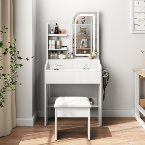 Fashion Vanity Desk with Mirror and Lights for Makeup with hair dryer holder and Chair, Vanity Mirror with Lights and Table Set with 3 Color Lighting Brightness Adjustable, 3 Drawers, White Color - MDF - American Design - Not Specified - Not Specified - Not Specified