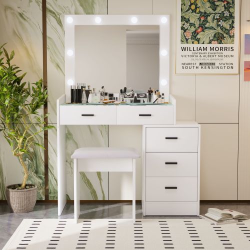White color adjustable dressing table with 5 drawers - Matte White - Particle Board+MDF - Modern - 5 Drawers & Above - 2 or Less - Mirror Included - Extra Deep Drawers - Bedroom - Poplar
