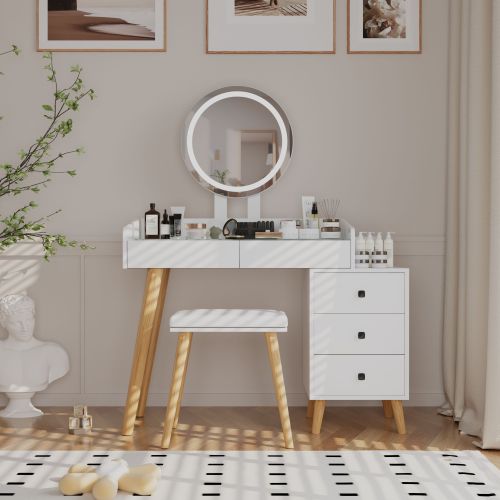 Dressing Table with LED Lights Glass Top Dressing Table with Extendable Side Table 5 Drawers Dressing Table with Mirror and Stool for Bedroom - White - Particle Board+MDF - Modern - 5 Drawers & Above - White - Mirror Included - Not Specified - Not Specified - Not Specified - Not Specified